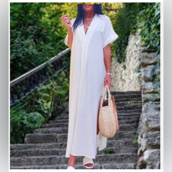 H&M Sz M 100% Lyocell V-Neck Front Pleat Short Sleeve Beach Cover Up Kaftan NEW - Picture 1 of 16